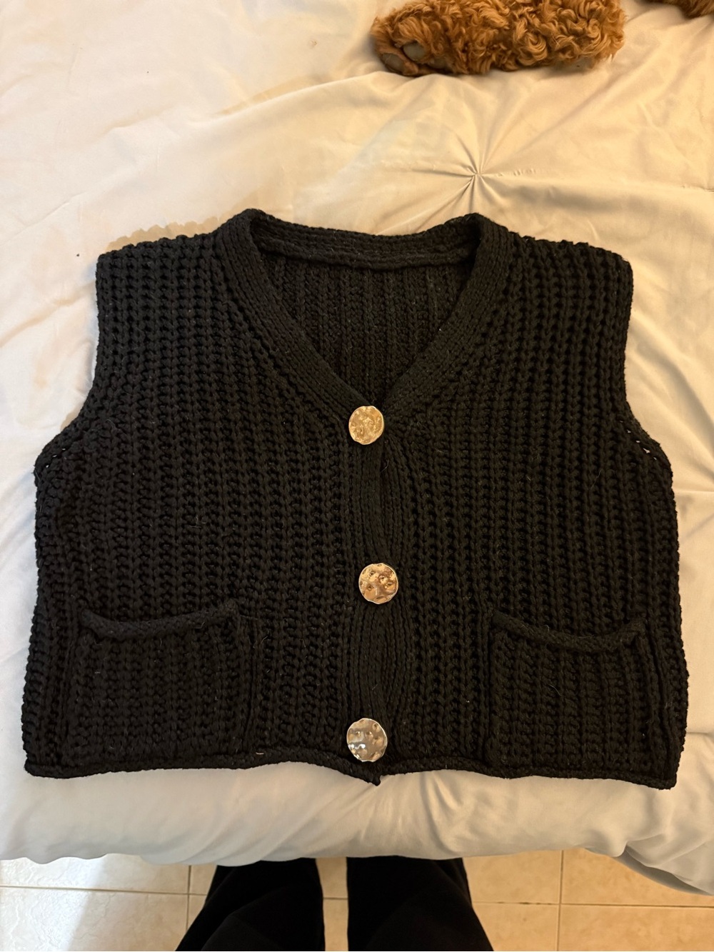 Cropped Black Chunky Knit Button Vest with Decorative Buttons
